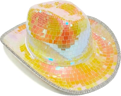 KIMU® Cowboyhoed Spiegeltjes Oranje Geel Roze Iridescent - Disco Cowboy Hoed Spiegelbol Discobol Spiegelbal Discobal - Glitter Cowgirl Western Rodeo Spiegel Festival
