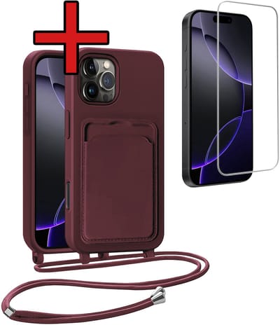 Hoesje Geschikt voor iPhone 16 Pro Hoesje Met Telefoonkoord en Pasjeshouder Met Screenprotector Siliconen - Hoes Geschikt voor iPhone 16 Pro Hoesje Met Kaarthouder Case - Aubergine