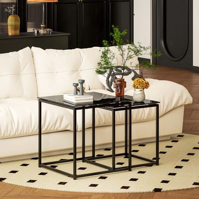 REDOM Bijzettafel 2-delig set - Stapelbaar met geharde glasplaat, zwart stalen frame, compact design, 30 kg draagvermogen