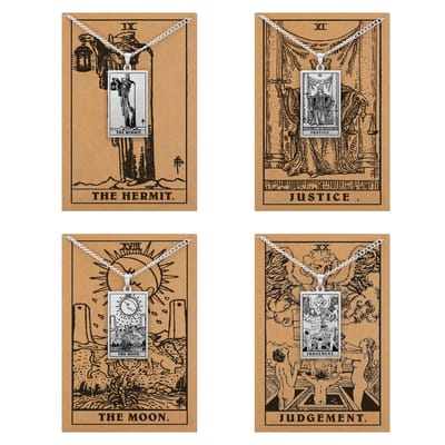 Tarot Ketting 9 | 11 | 18 | 20 bundel - Zelfreflectie & Introspectie - Zilverkleurig Stainless Steel - Inclusief Rider-Waite Kaartjes - 60cm - Pax Amare