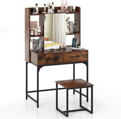 COSTWAY Make-uptafelset met kruk en spiegel, make-uptafel met laadstation, laden, open planken en spiegelkast voor slaapkamer, modern bureau (bruin)