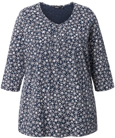 Ulla Popken - Dames - Shirt sneeuwvlokken A-lijn V-hals 3/4-mouwen - Marine - Maat 46+