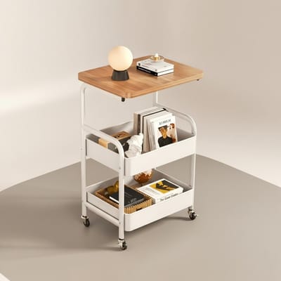 Dutchers® Keukentrolley met Houten Bovenblad – Verrijdbaar Opbergrek- Opbergkastje - Opberger - Kast – Koolstofstaal – Meerdere Niveaus – Keuken Organizer – Wit