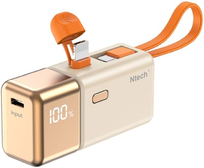 Ntech - Mini powerbank 5000 mAh Goud - powerbank - Draadloze Powerbank met LED Display geschikt voor USB C en Lightning aansluiting