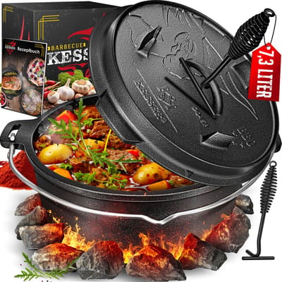 KESSER® Dutch Oven Gietijzeren Pan met Deksel voor Buiten & Binnen BBQ Multifunctionele Kookset - Barbecuepan Braadpan voor 2-5 personen met voet - 7,2 Liter, Zwart