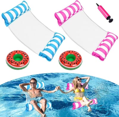 Waterhangmat - 2 Stuks - Luchtbed met 2 opblaasbare bekerhouders - Luchtmatras Opblaasblaar