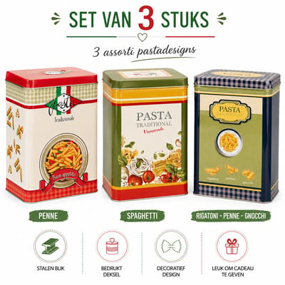 Pastablikken Set van 3 – Stalen Voorraadblikken voor Pasta – 12,5 x 9 x 18 cm – Met Bedrukt Deksel – Assorti Pastadesigns