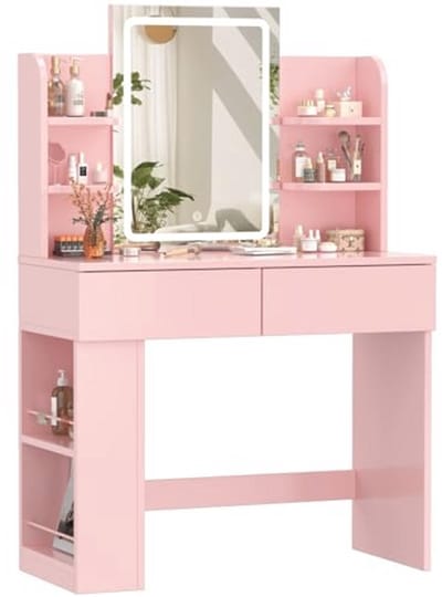 Moderne Kaptafel met Spiegel en Verlichting - Make-uptafel met 2 Laden en 4 Planken, Perfect voor Slaapkamer en Kleedkamer (Roze, 90 x 40 cm)