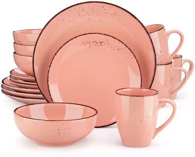 Luxe Serviesset – 16 delig – 4 persoons – Steengoed - Bordenset – Dinner platen – Dessertborden - Kommen - Mokken - Roze