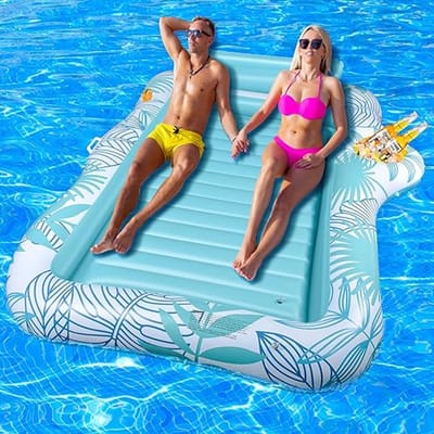 Opblaasbaar luchtmatras, zwembad, dubbel deluxe tanning zwembad, grote waterhangmat voor volwassenen, opblaasbaar zonnezwembad met hoofdsteun en bekerhouder voor zomer, zwembad, strand