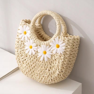 Mode Handgeweven Stro Strandtassen Vrouwen Handgemaakte Maanmand Schoudertas Bolsa Zomer Bohemien Reis Crossbody Tassen Handtassen 20x7x19cm beige