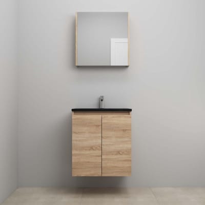 On-Line Badkamermeubelset - 60 cm - Bouwpakket - Greeploze Ladestructuur - Acryl Wastafel - 1 Kraangat - Spiegelkast - Eiken