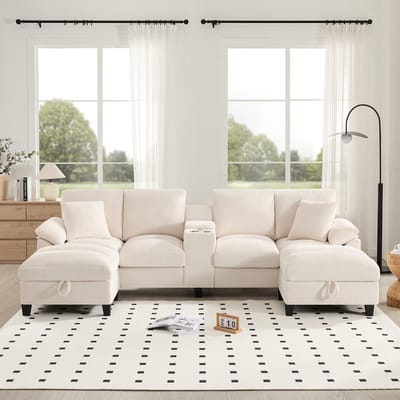 MODFU Modulaire U-Vormbank - Opbergruimte En USB-Laadpoorten - Modern - Voor Woonkamer - Ribfluweel - Beige - 293 X 142 X 93 Cm