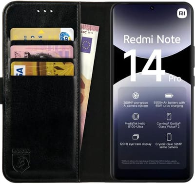 Rosso Element Geschikt voor Xiaomi Redmi Note 14 Pro 4G | Wallet Book Case | Portemonnee Hoesje | 3 Pasjes | Magneetsluiting | Stand Functie | Zwart