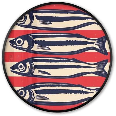 Poster in lijst Rond - Fotolijst 60x60 cm - Posters - Sardines - Rood en beige strepen - Ronde posterlijst zwart - Decoratie - Wanddecoratie woonkamer - Muurdecoratie slaapkamer