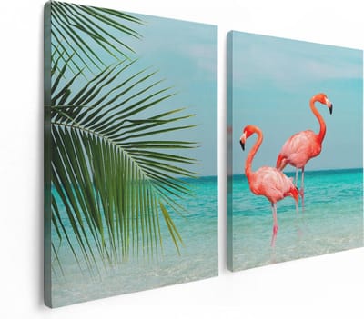 Artaza Canvas Schilderij Tweeluik Twee Flamingo's in het Water - 120x80 - Foto Op Canvas - Canvas Print