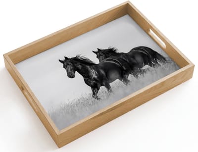 Dienblad hout 40x30 cm - Schootdienblad - Paarden - Gras - Zwart - Wit - Borrelplank rechthoek - Plateau dienbladen