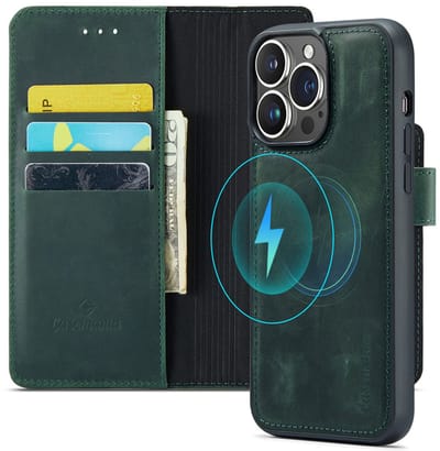 CaseMania Bookcase hoesje geschikt voor Apple iPhone 15 Pro - Effen Groen - Leer - 2-in-1 Magnetisch Uitneembaar Design - Compatible met MagSafe