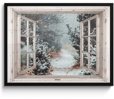 Poster in lijst - Fotolijst 70x50 cm - Posters - Bos - Winter - Bomen - Natuur - Pad - Doorkijk - Wit - Posterlijst zwart - Decoratie - Wanddecoratie woonkamer - Muurdecoratie slaapkamer