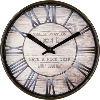 Ostaria Wandklok/muur klok - Stationsklok - D20 cm - kunststof/houtlook - bruin - keuken/kamer