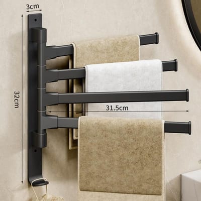 Badkamer Handdoekenrek Draaibare Houder Ruimte Aluminium 4-Stang Hanger Keukenplank Papier Hangen Wandmontage 30x32cm zwart