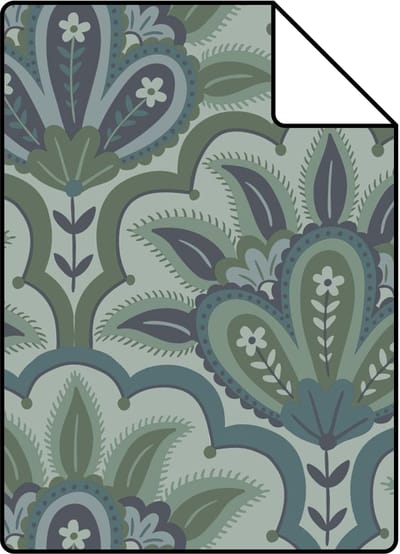 Proefstaal ESTAhome behang oosters barok motief blauw en groen - 26.5 x 21 cm - 131037-S