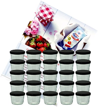 Set van 25 bekers 230 ml jampot inmaakpot Inmaakpot Naar 82 zwart deksel incl. Diamant-Zucker Gelierzauber receptenboekje