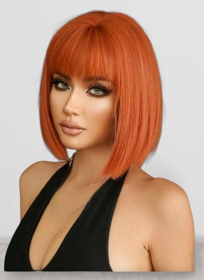 Frazimashop- Oranje Steile Pruik Dames met pony– 12 Inches (30 cm) Kort Haar – Hittebestendig Synthetisch Haar – Natuurlijke Look – Wasbare Feestpruik voor Koningsdag