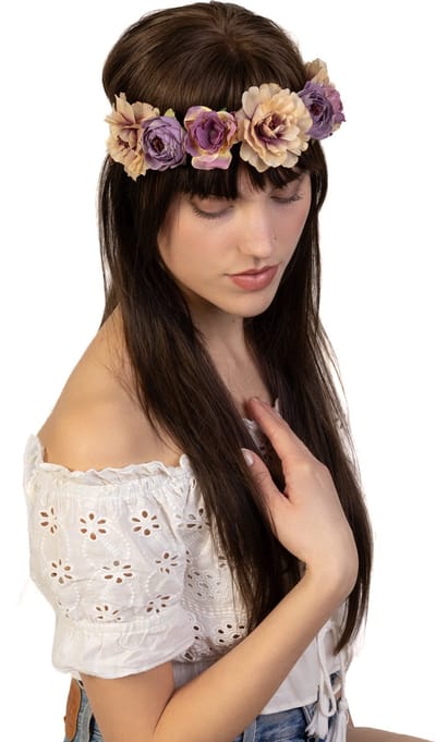 KIMU® Bloemenkrans Haar Vintage Lila Beige Paars - Bohemian Haarband Bloemen Boho Jaren '20 Diadeem Jugendstil Art Deco Festival