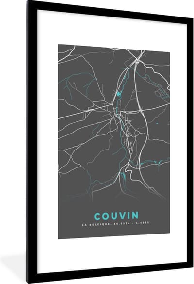 Fotolijst incl. Poster - Stadskaart – Grijs - Kaart – Couvin – België – Plattegrond - 80x120 cm - Posterlijst