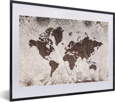 Poster in lijst - Fotolijst 60x40 cm - Posters - Wereldkaart - Hout - Bloemen - Posterlijst zwart - Decoratie - Wanddecoratie woonkamer - Muurdecoratie slaapkamer
