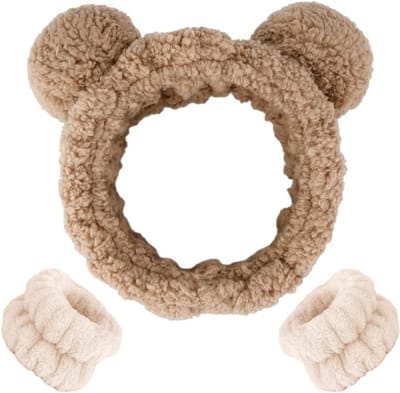 Set van 3 Zachte Hoofdbanden voor Make-up en Gezichtsreiniging, Elastische Haarbanden voor Bad en Cosmetica (Bruin, Bear Ears)
