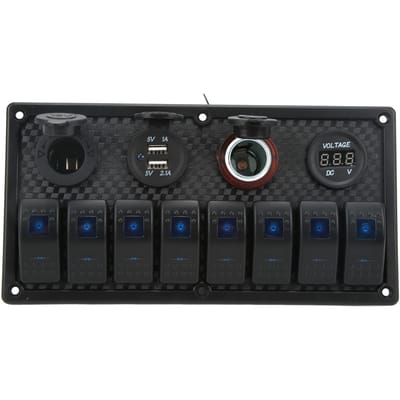 Auto Boot Tuimelschakelaar Paneel Blauw LED Licht met Dubbele USB Voltmeter Sigarettenaansteker 12‑24V voor Jachten Schepen Caravans black