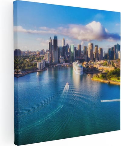 Artaza Canvas Schilderij Skyline Stad - 30x30 cm - Klein - Wanddecoratie Haven Boot - Muurdecoratie Zee - Kamer Accessoires