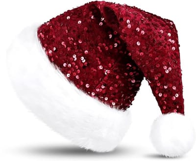 Kerstmuts voor volwassenen, kerstman, muts met glitterpailletten en pluche rand voor kerstboompiek, feestelijk kerstfeest, dennenboom, rood