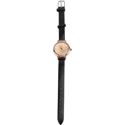 Femmes Dames Classique Simple Cuir PU Montre-bracelet à Quartz Analogique Cadran Or Rose Montre Décontractée Café noir