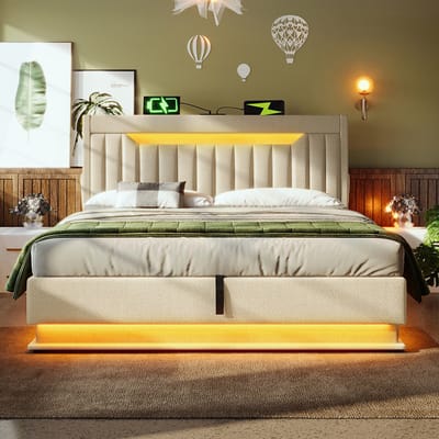 Pugsdrly Gestoffeerd tweepersoonsbed 160x200 cm, hoofdeinde met opbergruimte en USB- en Type-C-poorten, LED-verlichting aan het hoofdeinde en voeteneinde, met hydraulische opbergruimte, beige, linnen. (Zonder matras)