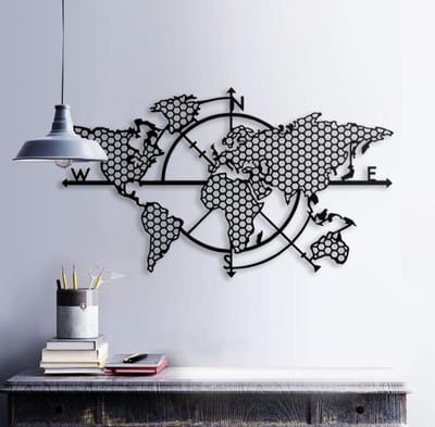 Metalen Wereldkaart Wanddecoratie 3D Kompas Silhouet Zwart voor Woonkamer en Kantoor (99x57 cm)