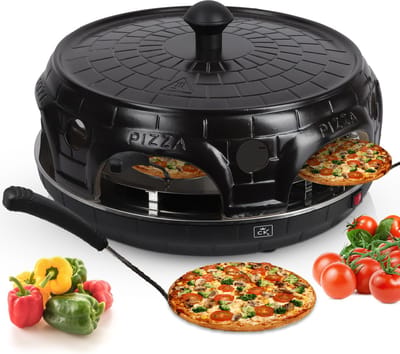 CuisineKing Pizza Oven Black Edition - 6 Personen - Handgemaakte Terracotta Koepel - RVS bakplaat 1100 Watt - Pizzaovens Pizza Gourmetstel - Incl. 6 Spatels en deegvorm