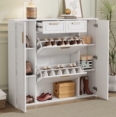 DESMIU Schoenenkast - Verstelbare Planken Met 2 Lades En 2 Deuren - Voor Hal En Gang - MDF Spaanplaat Metaal - 120x24x107 Cm - Wit