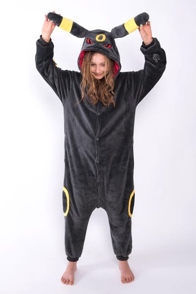 KIMU® Onesie Umbreon Pak - Maat L-XL - Zwart Kostuum Jumpsuit Huispak Pyjama Monster Vos Konijn Hond Kat Fantasy Dames Heren Volwassenen Festival