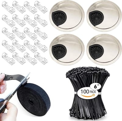 Dailygoods - Dailygoody - Bureaudoorvoertule Set - Kabelbeheer - Organiseer je werkplek - 60 mm - Inclusief kabelclips en binders - Ideaal voor thuiswerkers - Comp