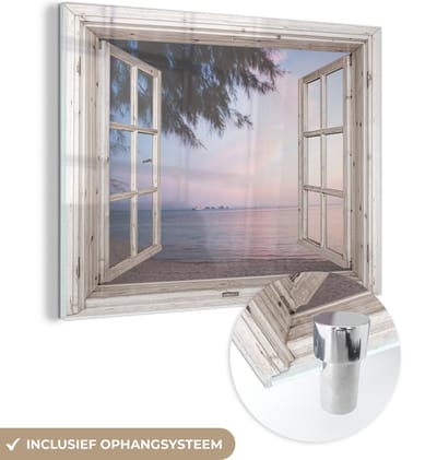 MuchoWow® Glasschilderij 40x30 cm - Schilderij acrylglas - Doorkijk - Strand - Palmboom - Foto op glas - Schilderijen
