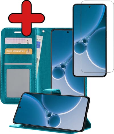 Hoesje - Met Screenprotector - Geschikt voor OnePlus Nord 3 - Luxe Pasjeshouder - Flipcase - Bookcase Portemonee - Flip Case - Kunstleer Book Case - Book Cover - Walletcase - Portemonneehoes - Telefoonhoes - Turquoise