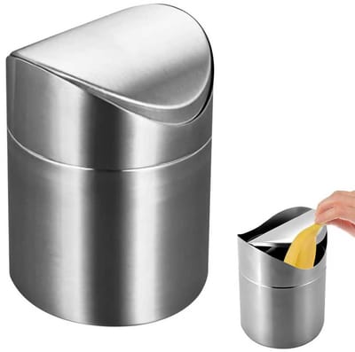 RVS Tafelvuilnisemmer Met Deksel - 2 Liter - Kleine Vuilnisbak Draagbaar afvalbakje - Tafelafvalbakje - Tafelvuilbakje - Bureau Ruimtebesparend - Mini Bureauprullenbak - Geschikt voor Bureau, Kantoor,Kaptafel, Nachtkastje Enz - Zilver