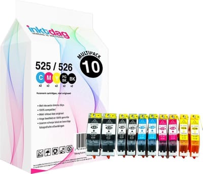 Inktdag inktcartridges voor Canon PGI-525xl / CLI-526xl, multipack van 10 stuks voor Pixma IP4800, IP4850, IP4950, IX6550, MG5150, MG5200, MG5250, MG5300, MG5320, MG5350, MG6150, MG6250, MG8150, MG8250, MG715, MX715, MX884, MX885, MX895