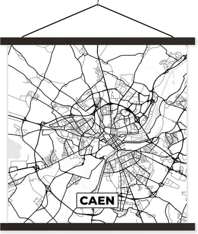 Posterhanger incl. Poster 60x60 cm - Schoolplaat - Stadskaart - Frankrijk - Kaart - Plattegrond - Caen - Zwart wit - Textielposter - Zwarte latten - Stadskaart