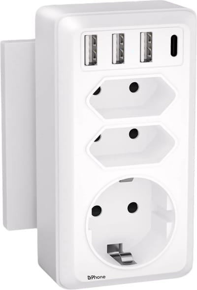 DrPhone PlugPro - Stopcontact Adapter Met 3 Stopcontacten + 3 USB-poorten & 1 USB-C Poort – Aan/Uit Schakelaar- Blauwe Led - Wit