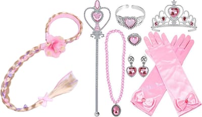Het Betere Merk - Prinsessen verkleedkleding - Prinses speelgoed - Vlecht - Roze Handschoenen - Toverstaf - Tiara - Kroon - Speelgoed Meisjes