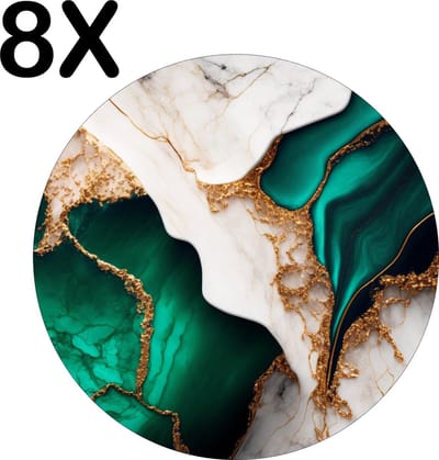 Luxe Ronde Placemat - Marmer Achtergrond met Groen en Wit - Set van 8 Placemats - 50x50 cm - 2 mm dik Vinyl - Anti Slip - Afneembaar